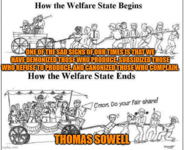 One of the sad signs of our times is that we have demonized those who produce, subsidized those who refuse to produce, and canon | ONE OF THE SAD SIGNS OF OUR TIMES IS THAT WE HAVE DEMONIZED THOSE WHO PRODUCE, SUBSIDIZED THOSE WHO REFUSE TO PRODUCE, AND CANONIZED THOSE WHO COMPLAIN. THOMAS SOWELL | image tagged in welfare,thomas sowell,subsidized,society,economics | made w/ Imgflip meme maker