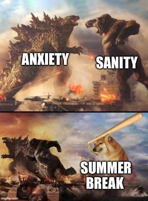 What school feels like in my head | SANITY; ANXIETY; SUMMER BREAK | image tagged in godzilla vs king kong vs bonk | made w/ Imgflip meme maker
