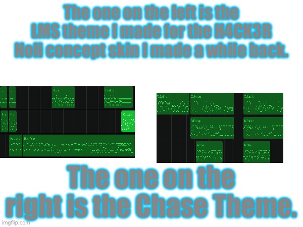 FYI, The LMS is H4CK3R Noli versus any survivor. | The one on the left is the LMS theme I made for the H4CK3R Noli concept skin I made a while back. The one on the right is the Chase Theme. | image tagged in forsaken,blank white template | made w/ Imgflip meme maker