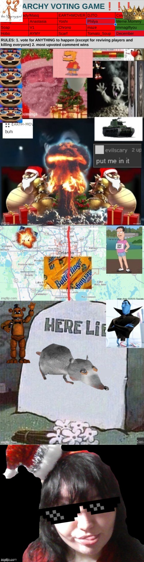 flipped heads, philya and December dies, jolly lu is here, evil scary is here too | made w/ Imgflip meme maker