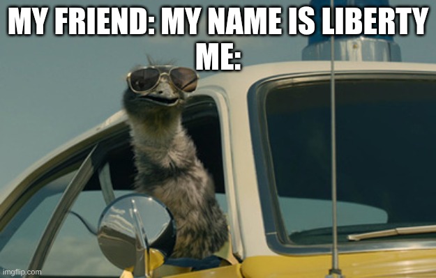 Limu Emu | MY FRIEND: MY NAME IS LIBERTY
ME: | image tagged in limu emu | made w/ Imgflip meme maker