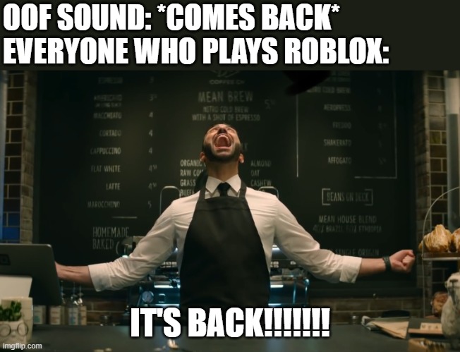 IT'S BACK!!! | OOF SOUND: *COMES BACK*
EVERYONE WHO PLAYS ROBLOX:; IT'S BACK!!!!!!! | image tagged in sonic 2 he s back,roblox,oof | made w/ Imgflip meme maker