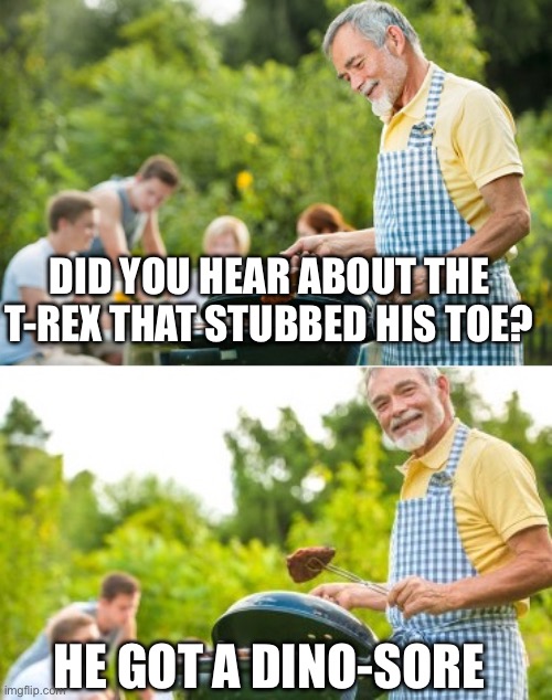 Dino nuggets (of puns) | DID YOU HEAR ABOUT THE T-REX THAT STUBBED HIS TOE? HE GOT A DINO-SORE | image tagged in incoming dad joke | made w/ Imgflip meme maker