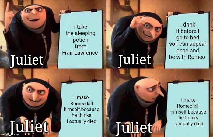 Another meme I'm making for school ? | I take the sleeping potion from Frair Lawrence; I drink it before I go to bed so I can appear dead and be with Romeo; Juliet; Juliet; I make Romeo kill himself because he thinks I actually died; I make Romeo kill himself because he thinks I actually died; Juliet; Juliet | image tagged in memes,gru's plan,romeo and juliet,literature,books,random | made w/ Imgflip meme maker