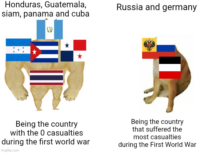 Buff Doge vs. Cheems Meme | Honduras, Guatemala, siam, panama and cuba; Russia and germany; Being the country with the 0 casualties during the first world war; Being the country that suffered the most casualties during the First World War | image tagged in memes,buff doge vs cheems | made w/ Imgflip meme maker