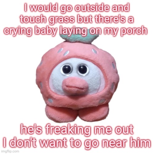 i got the crying baby weather alert on my phone what does this mean | I would go outside and touch grass but there's a crying baby laying on my porch; he's freaking me out I don't want to go near him | image tagged in strawberry ouioui allstars | made w/ Imgflip meme maker
