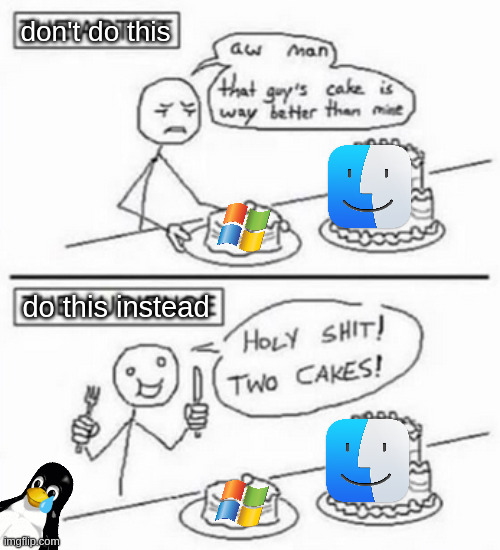 insert creative title | don't do this; do this instead; 💧 | image tagged in holy shit two cakes | made w/ Imgflip meme maker