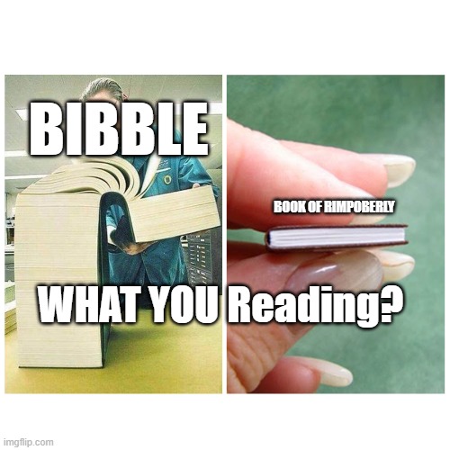 My fun meme | BIBBLE; BOOK OF RIMPOBERLY; WHAT YOU Reading? | made w/ Imgflip meme maker