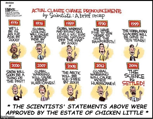 Meme dedicated to the memory of Chicken Little.  The first Sky Alarmist. | Revision 
of; * THE SCIENTISTS' STATEMENTS ABOVE WERE APPROVED BY THE ESTATE OF CHICKEN LITTLE * | made w/ Imgflip meme maker