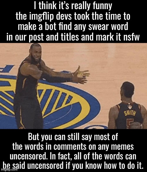 The imgflip devs don’t want you to know this but you can just say swears in the comments and not get penalized | I think it’s really funny the imgflip devs took the time to make a bot find any swear word in our post and titles and mark it nsfw; But you can still say most of the words in comments on any memes uncensored. In fact, all of the words can be said uncensored if you know how to do it. | image tagged in ref do something | made w/ Imgflip meme maker