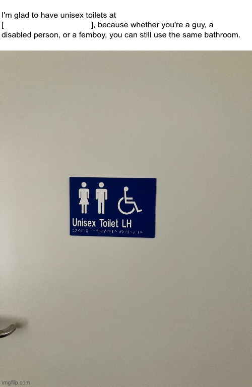 You had one job personwhodesignedtheiconontheleft. JUST ONE! | I'm glad to have unisex toilets at
[                                       ], because whether you're a guy, a disabled person, or a femboy, you can still use the same bathroom. | made w/ Imgflip meme maker
