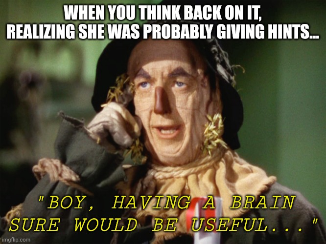 If I only had a brain | WHEN YOU THINK BACK ON IT, REALIZING SHE WAS PROBABLY GIVING HINTS... "BOY, HAVING A BRAIN SURE WOULD BE USEFUL..." | image tagged in if i only had a brain | made w/ Imgflip meme maker