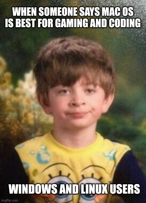 I mean the guts to say that.... | WHEN SOMEONE SAYS MAC OS IS BEST FOR GAMING AND CODING; WINDOWS AND LINUX USERS | image tagged in not impressed kid | made w/ Imgflip meme maker