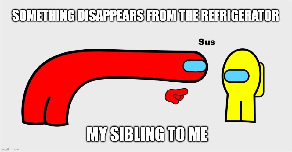 I didn't touch that stuff | SOMETHING DISAPPEARS FROM THE REFRIGERATOR; MY SIBLING TO ME | image tagged in among us sus | made w/ Imgflip meme maker