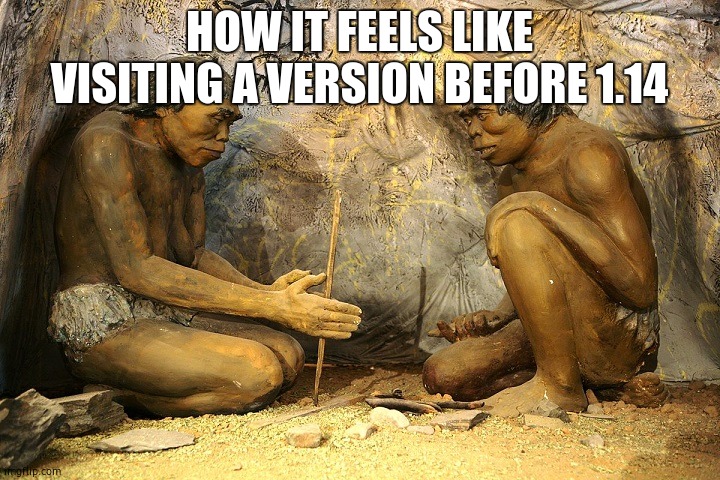 stone age | HOW IT FEELS LIKE VISITING A VERSION BEFORE 1.14 | image tagged in stone age | made w/ Imgflip meme maker