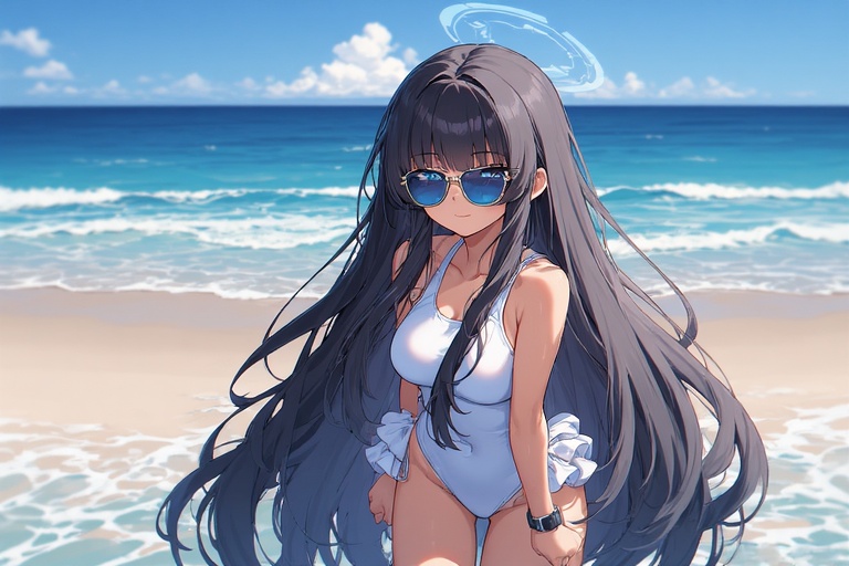 a teenage girl in her light blue swimsuit and sunglasses Blank Meme Template