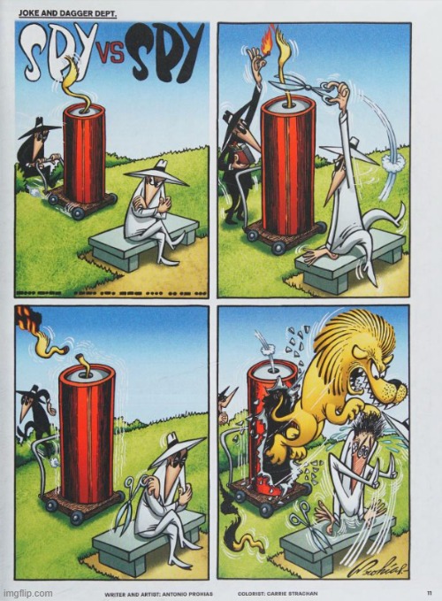 image tagged in spy vs spy,dynamite,scissors,lion,tail,attack | made w/ Imgflip meme maker
