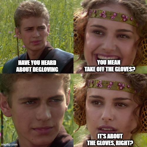 When I thought 2025 was over | HAVE YOU HEARD ABOUT DEGLOVING; YOU MEAN   TAKE OFF THE GLOVES? IT'S ABOUT THE GLOVES, RIGHT? | image tagged in anakin padme 4 panel | made w/ Imgflip meme maker