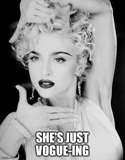 madonna vogue pose  | SHE'S JUST VOGUE-ING | image tagged in madonna vogue pose | made w/ Imgflip meme maker