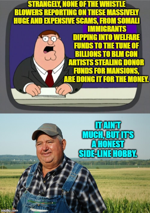 It's worth it just to see the look on the faces of leftists getting perp walked. | STRANGELY, NONE OF THE WHISTLE BLOWERS REPORTING ON THESE MASSIVELY HUGE AND EXPENSIVE SCAMS, FROM SOMALI; IMMIGRANTS DIPPING INTO WELFARE FUNDS TO THE TUNE OF BILLIONS TO BLM CON ARTISTS STEALING DONOR FUNDS FOR MANSIONS, ARE DOING IT FOR THE MONEY. IT AIN'T MUCH, BUT IT'S A HONEST SIDE-LINE HOBBY. | image tagged in peter griffin news | made w/ Imgflip meme maker
