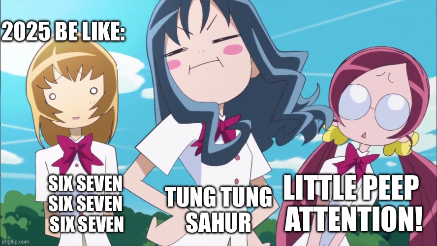 2025 be like | 2025 BE LIKE:; LITTLE PEEP 
ATTENTION! TUNG TUNG
SAHUR; SIX SEVEN 
SIX SEVEN 
SIX SEVEN | image tagged in erika's face | made w/ Imgflip meme maker