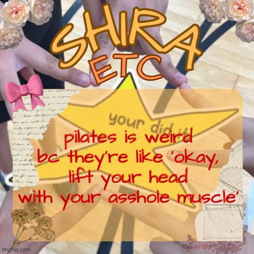 and the instructor is always puncturing my skin w/ her nails | pilates is weird bc they’re like ‘okay, lift your head with your asshole muscle’ | image tagged in shira s best temp | made w/ Imgflip meme maker
