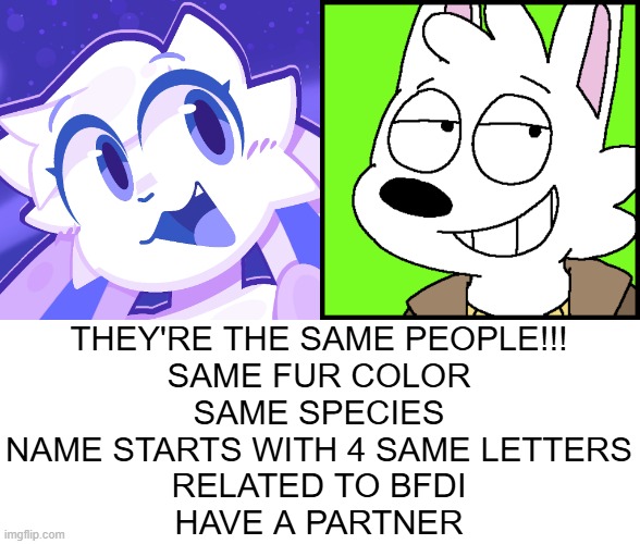 THEY'RE THE SAME PEOPLE!!!
SAME FUR COLOR
SAME SPECIES
NAME STARTS WITH 4 SAME LETTERS
RELATED TO BFDI
HAVE A PARTNER | made w/ Imgflip meme maker