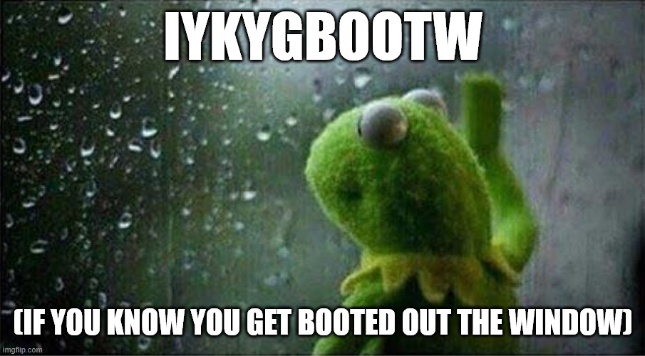 Kermit staring out of window | IYKYGBOOTW (IF YOU KNOW YOU GET BOOTED OUT THE WINDOW) | image tagged in kermit staring out of window | made w/ Imgflip meme maker