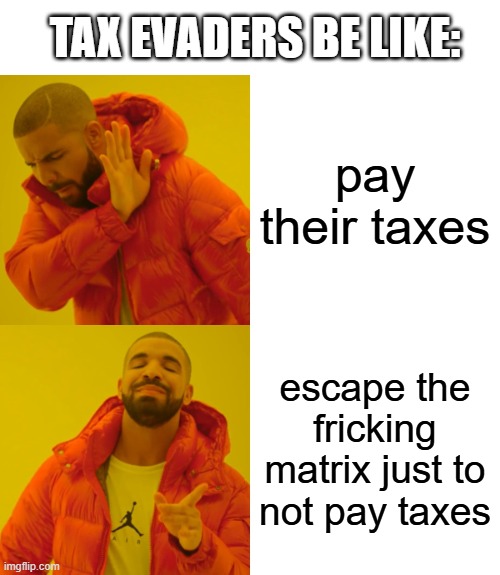 "i do that everytime" - elon musk (probably) | TAX EVADERS BE LIKE:; pay their taxes; escape the fricking matrix just to not pay taxes | image tagged in memes,drake hotline bling | made w/ Imgflip meme maker