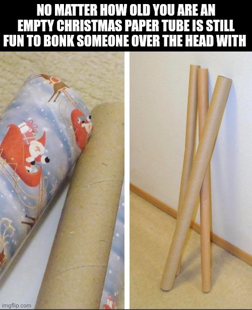 No Matter How Old You Are | NO MATTER HOW OLD YOU ARE AN EMPTY CHRISTMAS PAPER TUBE IS STILL FUN TO BONK SOMEONE OVER THE HEAD WITH | image tagged in chrisjoines1 | made w/ Imgflip meme maker