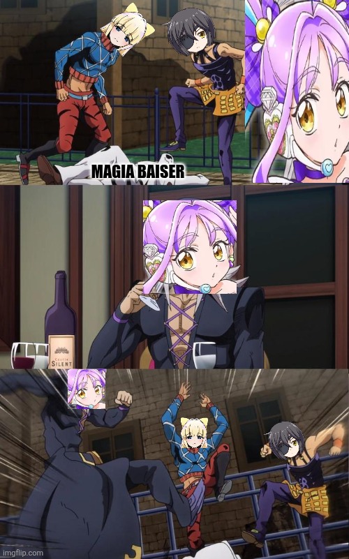 Abbacchio Joins the Kicking | MAGIA BAISER | image tagged in memes,gang,wreck | made w/ Imgflip meme maker