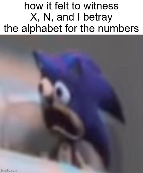 Traumatised Sonic | how it felt to witness X, N, and I betray the alphabet for the numbers | image tagged in traumatised sonic | made w/ Imgflip meme maker