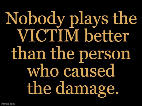 Food for Thought | Nobody plays the 
VICTIM better
than the person 
who caused 
the damage. | image tagged in victims,victimhood mentality,quit rewarding it,liberals,be victors not victims,actions speak louder than words | made w/ Imgflip meme maker