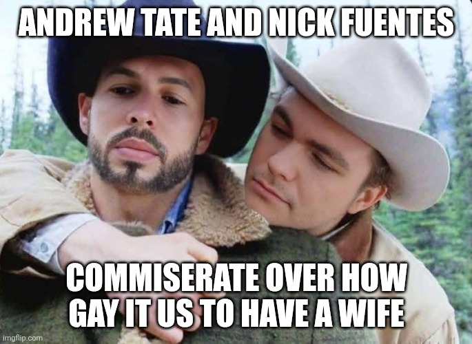 They blame the liberals for this feeling they share | ANDREW TATE AND NICK FUENTES; COMMISERATE OVER HOW GAY IT US TO HAVE A WIFE | image tagged in andrew tate nick fuentes in brokeback mountain,closeted gay,misogyny,greek mythology,no homo | made w/ Imgflip meme maker