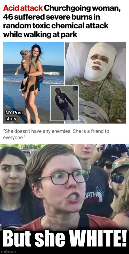 She committed the unbearable crime of whiteness | NY Post
story; But she WHITE! | image tagged in triggered liberal,memes,democrats,white people,crime,hate | made w/ Imgflip meme maker