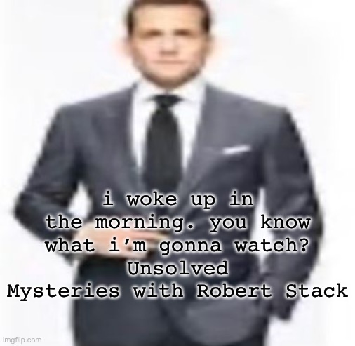 man | i woke up in the morning. you know what i’m gonna watch?
Unsolved Mysteries with Robert Stack | image tagged in man | made w/ Imgflip meme maker