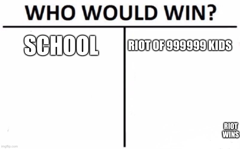 Who Would Win? | SCHOOL; RIOT OF 999999 KIDS; RIOT WINS | image tagged in memes,who would win | made w/ Imgflip meme maker