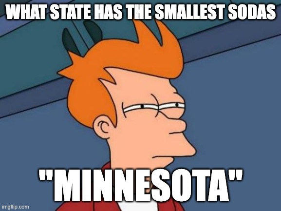 think bout it bro | WHAT STATE HAS THE SMALLEST SODAS; "MINNESOTA" | image tagged in memes,futurama fry | made w/ Imgflip meme maker
