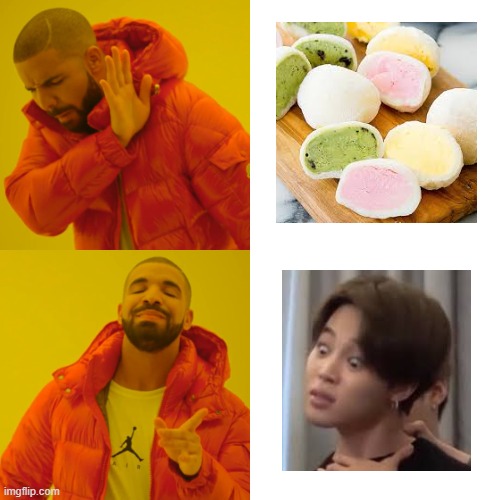 if u don't know the first image is mochi :3 | image tagged in memes,drake hotline bling,jimin,funny | made w/ Imgflip meme maker