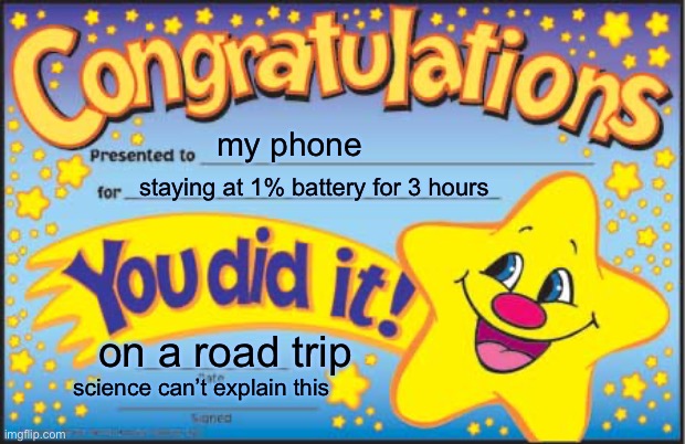 science can’t explain this | my phone; staying at 1% battery for 3 hours; on a road trip; science can’t explain this | image tagged in memes,happy star congratulations,science,mystery,cell phone,battery | made w/ Imgflip meme maker