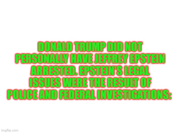 DONALD TRUMP DID NOT PERSONALLY HAVE JEFFREY EPSTEIN ARRESTED. EPSTEIN'S LEGAL ISSUES WERE THE RESULT OF POLICE AND FEDERAL INVESTIGATIONS: | made w/ Imgflip meme maker