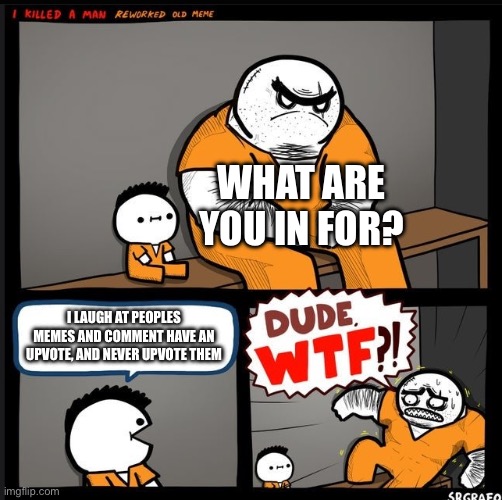 Why? | WHAT ARE YOU IN FOR? I LAUGH AT PEOPLES MEMES AND COMMENT HAVE AN UPVOTE, AND NEVER UPVOTE THEME | image tagged in srgrafo dude wtf | made w/ Imgflip meme maker