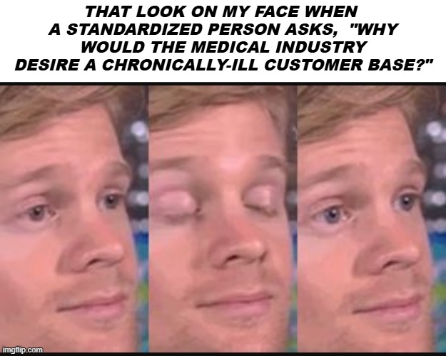 Blinking guy | THAT LOOK ON MY FACE WHEN  A STANDARDIZED PERSON ASKS,  "WHY WOULD THE MEDICAL INDUSTRY DESIRE A CHRONICALLY-ILL CUSTOMER BASE?" | image tagged in blinking guy,illness,medical | made w/ Imgflip meme maker