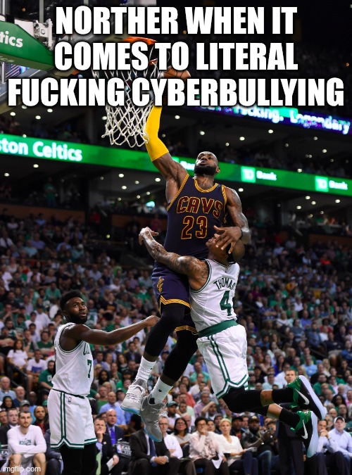 blocking his bitchass | NORTHER WHEN IT COMES TO LITERAL FUCKING CYBERBULLYING | image tagged in slam dunk | made w/ Imgflip meme maker