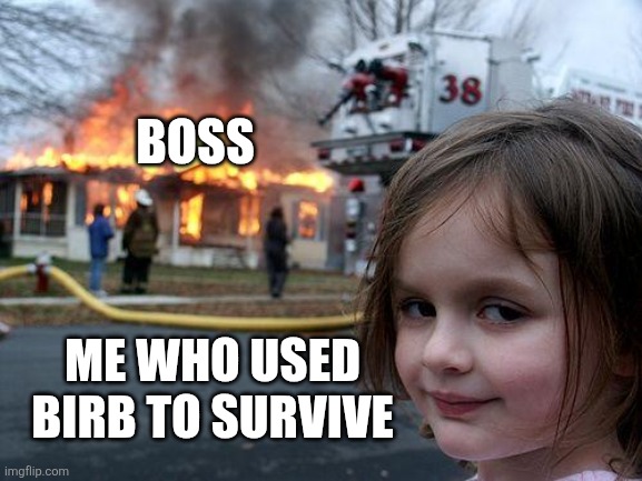 Disaster Girl Meme | BOSS ME WHO USED BIRB TO SURVIVE | image tagged in memes,disaster girl | made w/ Imgflip meme maker
