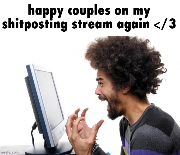 man angry at computer | happy couples on my shitposting stream again </3 | image tagged in man angry at computer | made w/ Imgflip meme maker