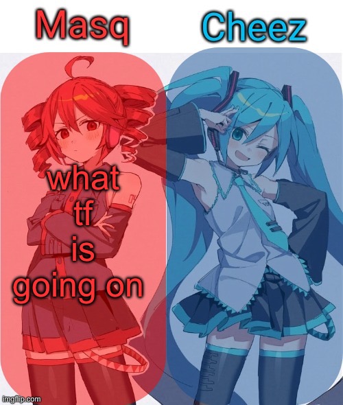 Masq and Cheez Duo shared template | what tf is going on | image tagged in masq and cheez duo shared template | made w/ Imgflip meme maker