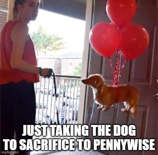 Sacrifice IT | JUST TAKING THE DOG TO SACRIFICE TO PENNYWISE | image tagged in dogs | made w/ Imgflip meme maker