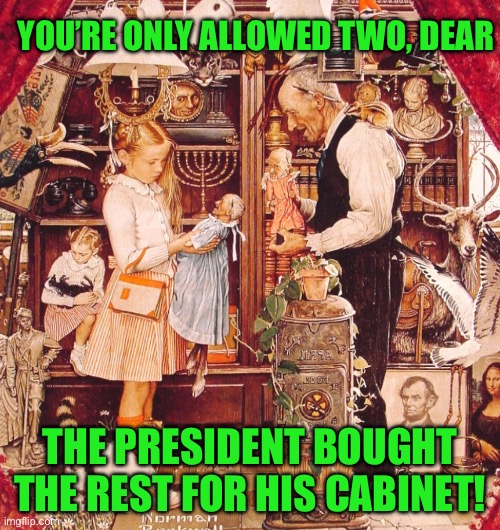 Norman Rockwell | YOU’RE ONLY ALLOWED TWO, DEAR; THE PRESIDENT BOUGHT THE REST FOR HIS CABINET! | image tagged in norman rockwell | made w/ Imgflip meme maker
