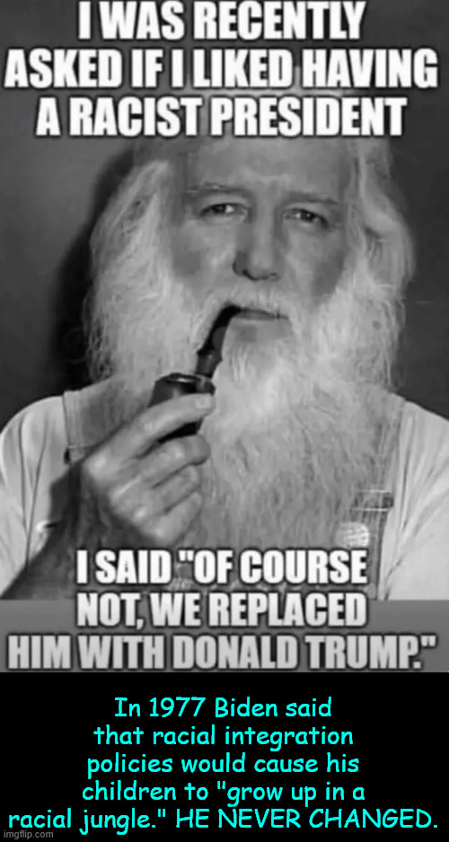 He never changed | In 1977 Biden said that racial integration policies would cause his children to "grow up in a racial jungle." HE NEVER CHANGED. | image tagged in political,reposts,biden is a racist | made w/ Imgflip meme maker